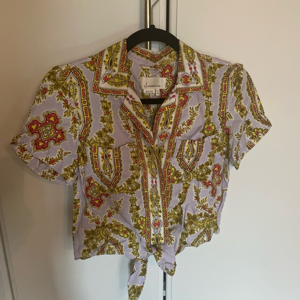 Anthropologie Multicolor Patterned Tie-Front Blouse
